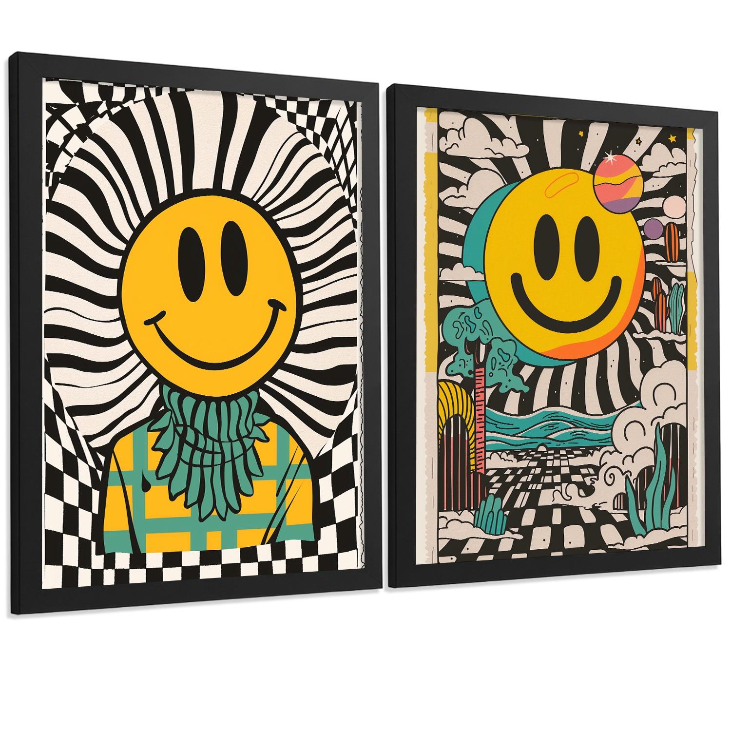 POSTER 4er Kunstdruck-Set Wandbilder Smiley Emoji modern Wohnzimmer Deko, Schlafzimmer, Küche, Badezimmer Schwarzer Rahmen A3 - Schwarz, Papier (29.7/1/42cm) - Nacnic