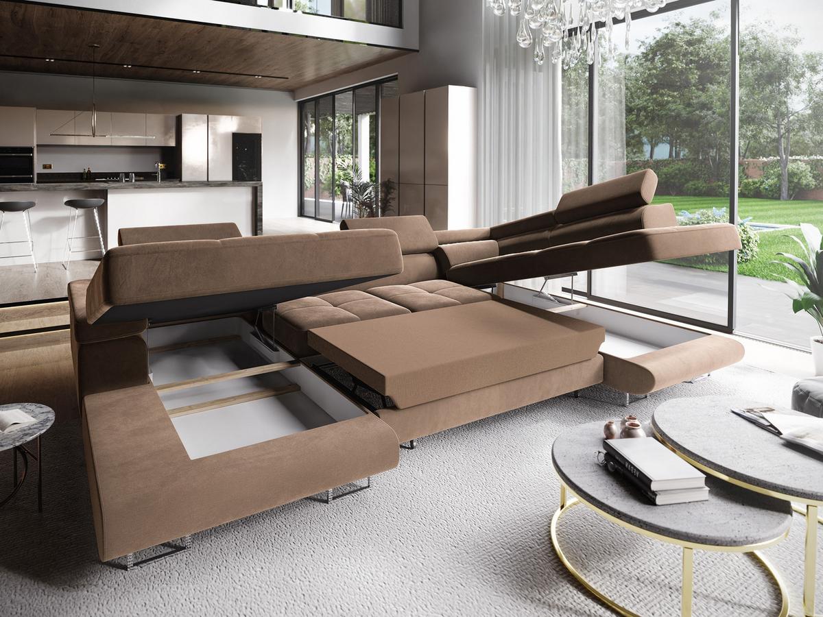WOHNLANDSCHAFT CASONE R-S Beige Velours-Stoff mit Schlaffunktion - Beige/Silberfarben, Holz/Textil (345/90/202cm) - MASSENO