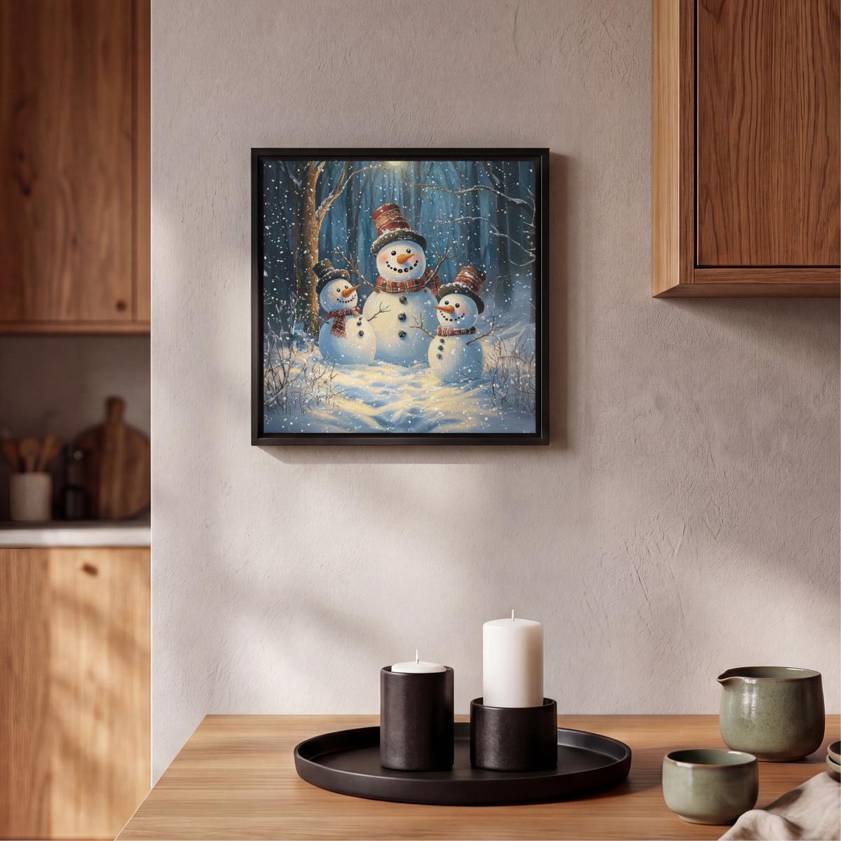 LEINWAND Bilder mit Rahmen - Schneemann - Schnee - Winter - Wald - 20x20 - Hellblau, Textil (20/20cm) - MuchoWow