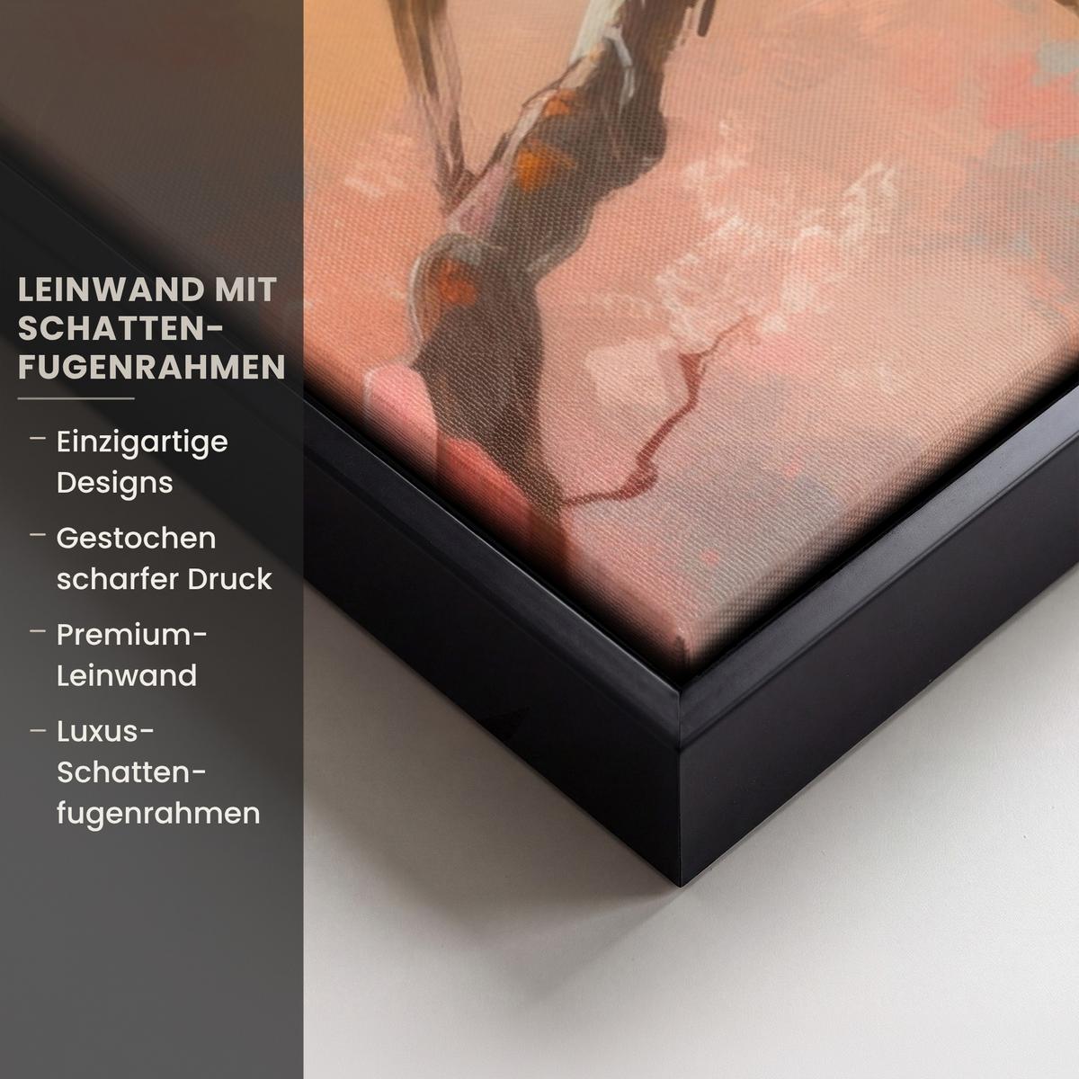 LEINWAND Bilder mit Rahmen - Rotkehlchen - Zierpflanze - Blütenzweig - 80x60 - Hellrosa, Textil (80/60cm) - MuchoWow