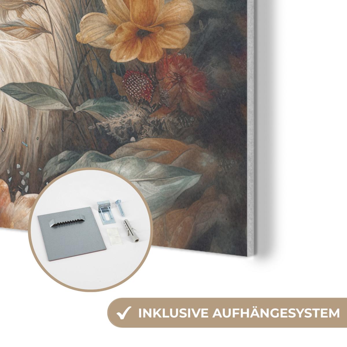 AKUSTIKBILD Löwe - Wildtiere - Pflanzen - Natur - Blumen Wanddeko 70x50 cm - Beige, Kunststoff (70/50/0.9cm) - MuchoWow