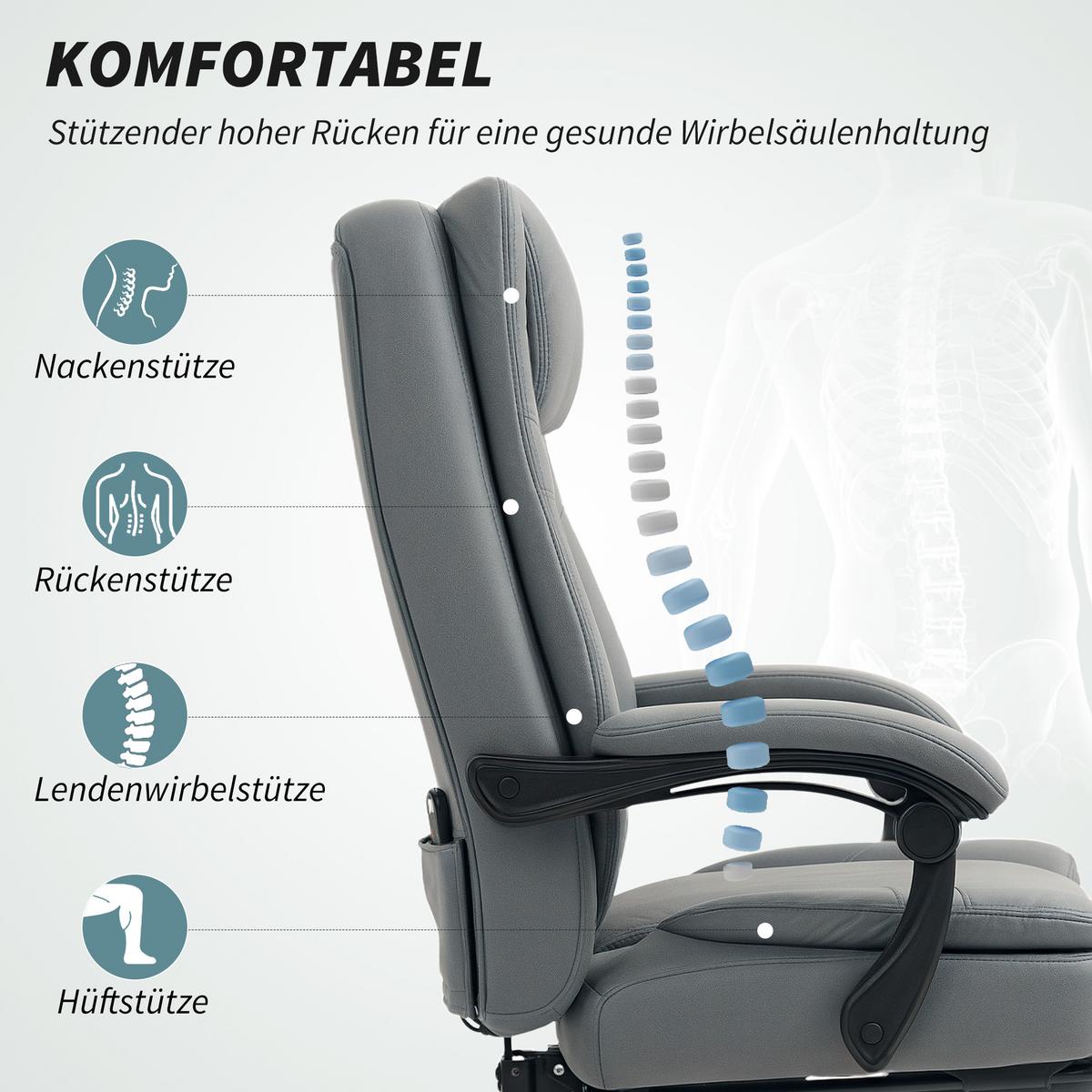 BÜROSTUHL mit Massagefunktion, Ergonomischer Schreibtischstuhl mit Liegefunktion - Grau, Kunststoff (64/120/69cm) - HOMCOM