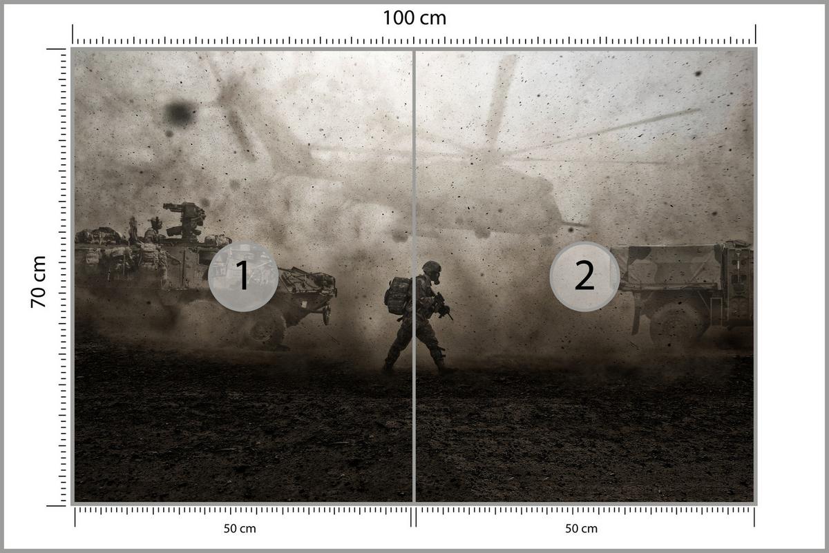 FOTOTAPETE für Jugendzimmer Wüste Militär Hubschrauber Panzer 100x70 - Beige/Schwarz, Papier (100/70cm) - Muralo