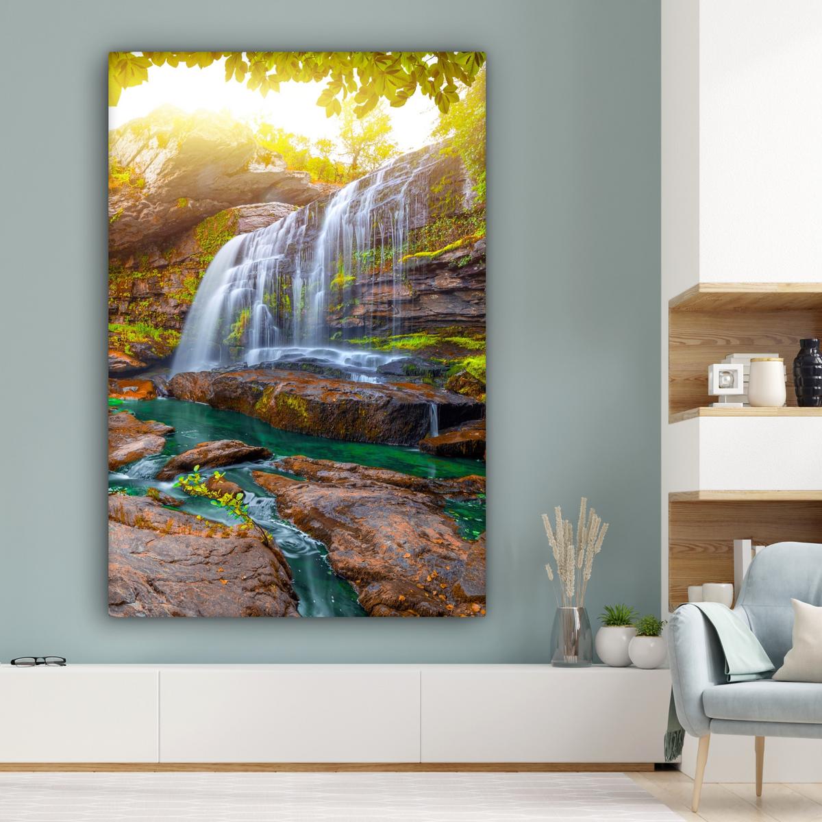 LEINWANDBILD Natur - Wasserfall - Pflanzen - Bäume - Sonne Deko Groß 90x140 cm - Olivgrün, Textil (90/140cm) - MuchoWow