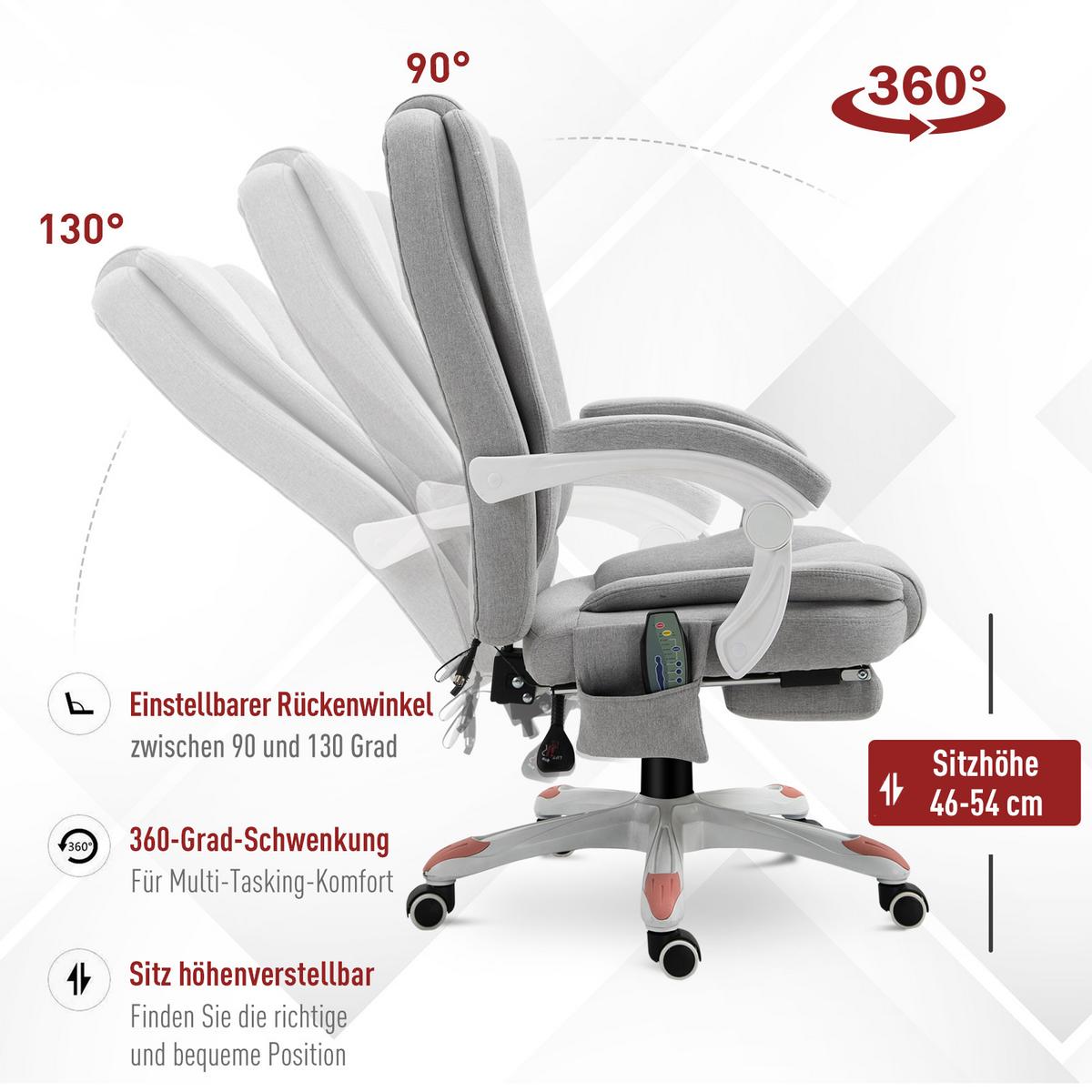 MASSAGE Bürostuhl, Schaumstoff, Grau - Grau, Kunststoff (63/107/66cm) - Vinsetto