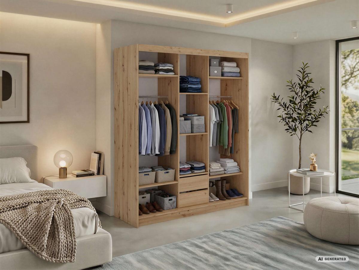 SCHWEBETÜRENSCHRANK mit Schubladen 180 - VERONA - Eiche Artisan mit Spiegel - Alufarben/Eiche Artisan, Holzwerkstoff/Metall (180/216/61cm) - MKS
