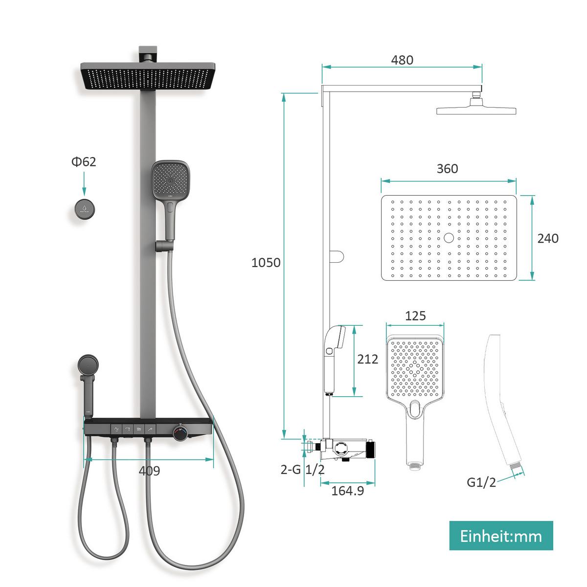 ÜBERKOPFBRAUSESET mit Handbrause Thermostat Vielseitig Anthrazit 105 / 48 cm - Anthrazit, Metall (40/113/58cm) - EMKE