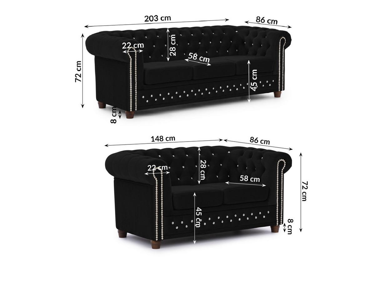 SITZGARNITUR 3+2 Chesterfield Cleo Blink Schwarz Samt mit Kristallsteppung und braunen Massivholzfüßen - Schwarz/Braun, Holz/Textil (203/72/86cm) - S-Style Möbel