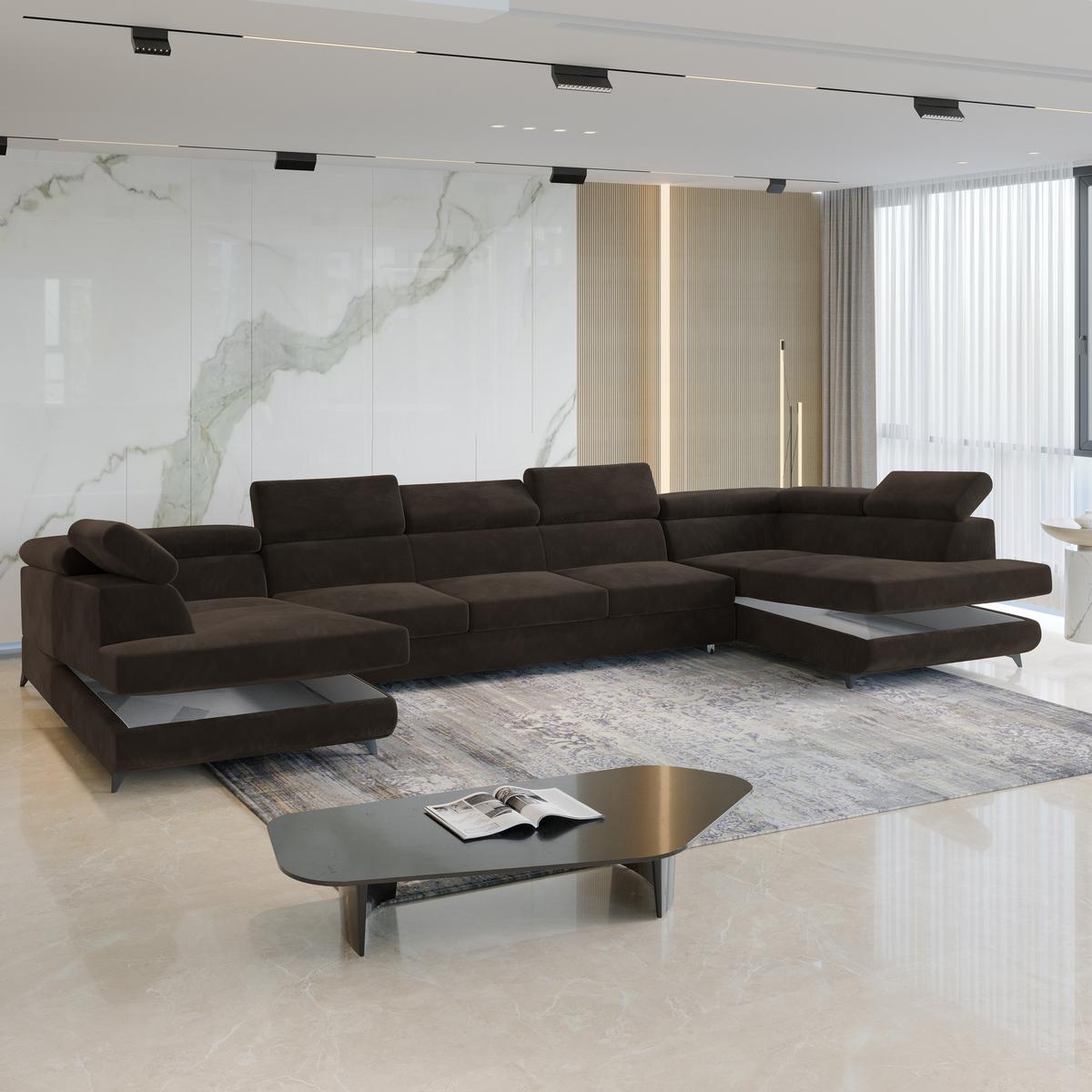 WOHNLANDSCHAFT URMANO Braun Velours-Stoff mit Schlaffunktion - Braun, Holz (395/89/190cm) - MASSENO