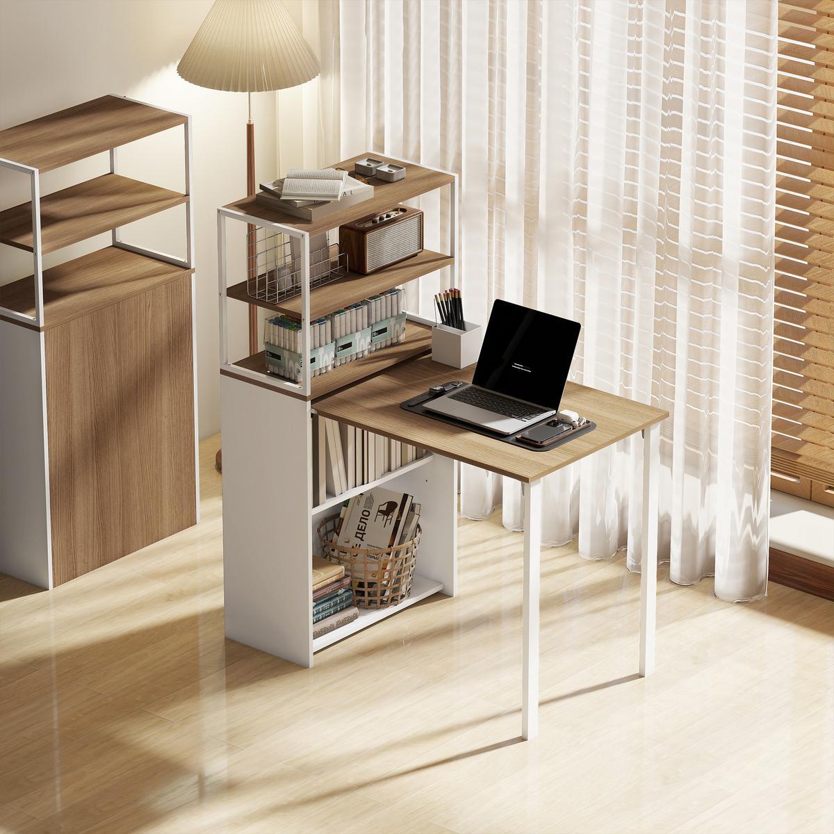 SCHREIBTISCH klappbar mit Regal Naturholz 105 x 60 x 127 cm - Naturfarben/Weiß, Holzwerkstoff/Metall (105/60/127cm) - HOMCOM