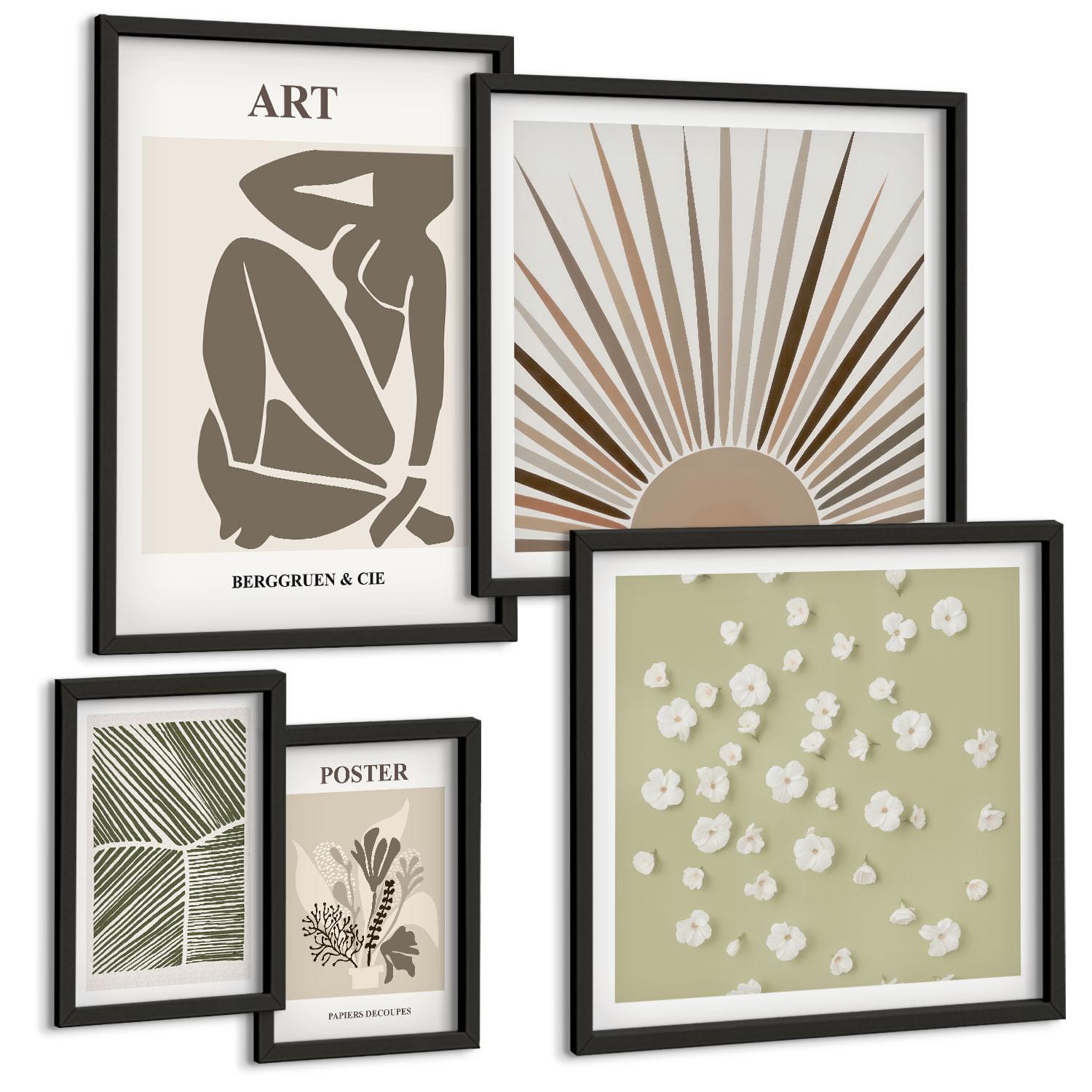 BILDER SET 5er Set - 50x50 cm & 20x30 cm & 40x60 cm Schwarzer Rahmen - Pflanzenmotive in gedeckten Farben - Schwarz, Kunststoff (40/60cm) - TULUP