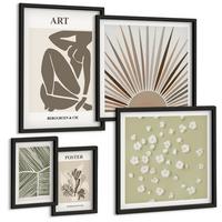 BILDER SET 5er Set - 50x50 cm & 20x30 cm & 40x60 cm Schwarzer Rahmen - Pflanzenmotive in gedeckten Farben - Schwarz, Kunststoff (40/60cm) - TULUP
