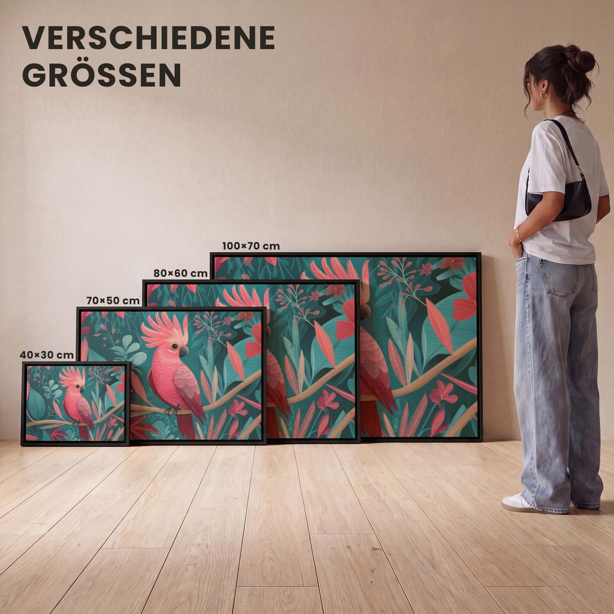 LEINWAND Bilder mit Rahmen - Kakadu - Tropische Blätter - Zweig - 70x50 - Petrol, Textil (70/50cm) - MuchoWow