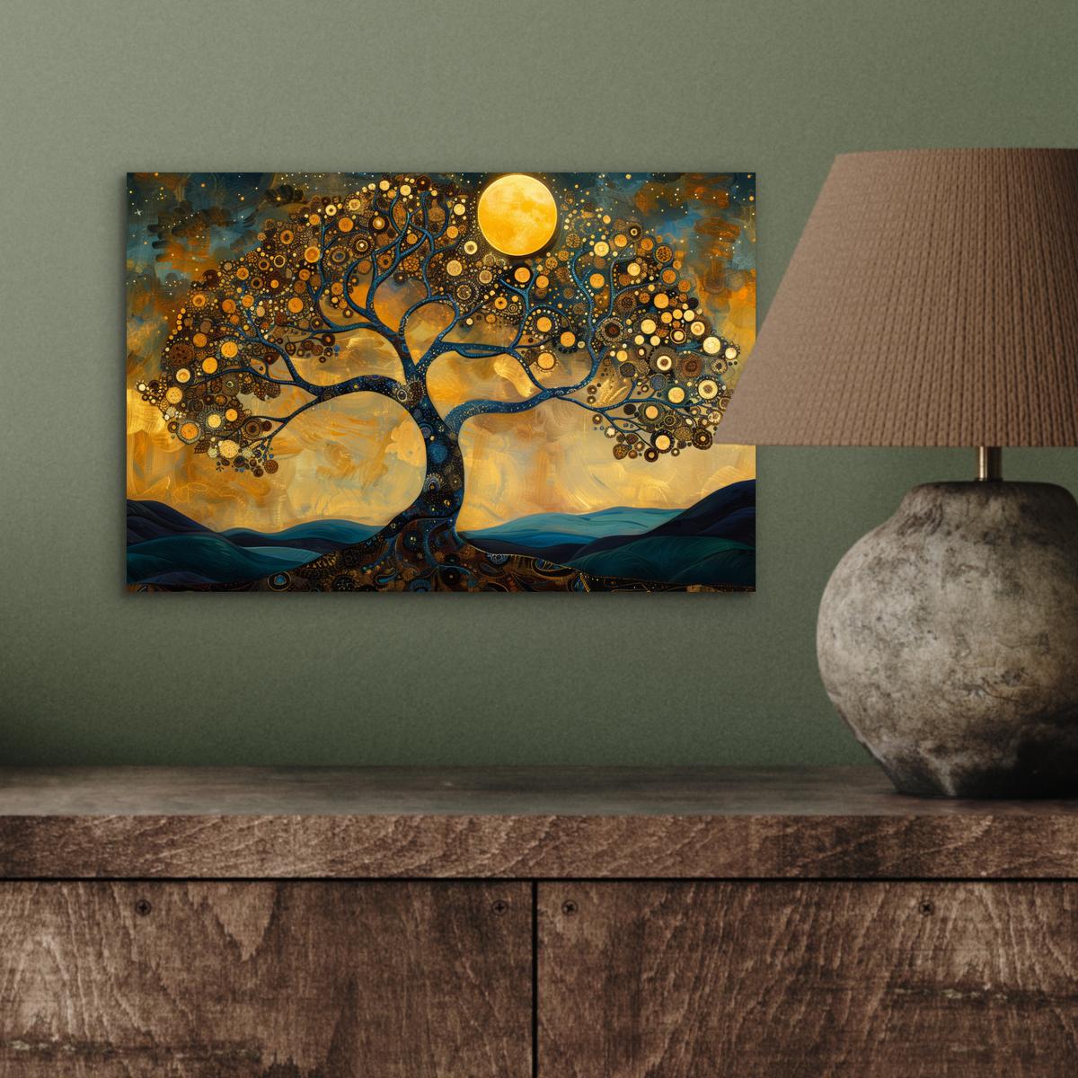 METALLBILD Baum - Mond - Blumen - Gold - Kunst 30x20 cm - Orange, Metall (30/20cm) - MuchoWow