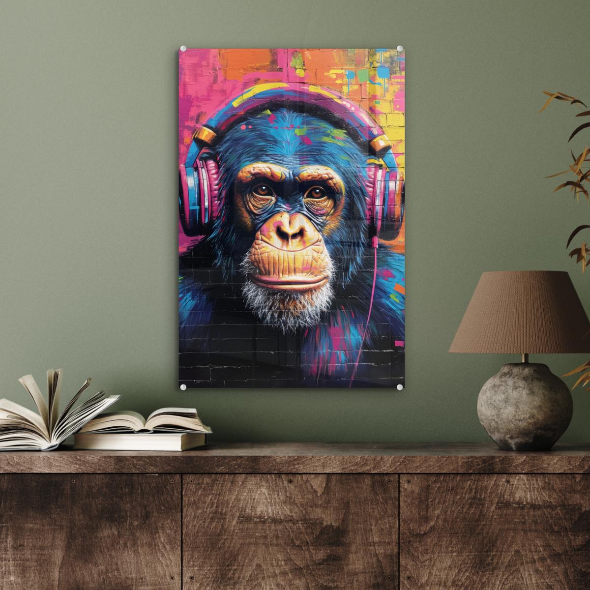 ACRYLGLASBILD Graffiti - Schimpanse - Straßenkunst - Kopfhörer - Affe Wanddeko Wohnzimmer 40x60 cm - Blau, Glas (40/60cm) - MuchoWow