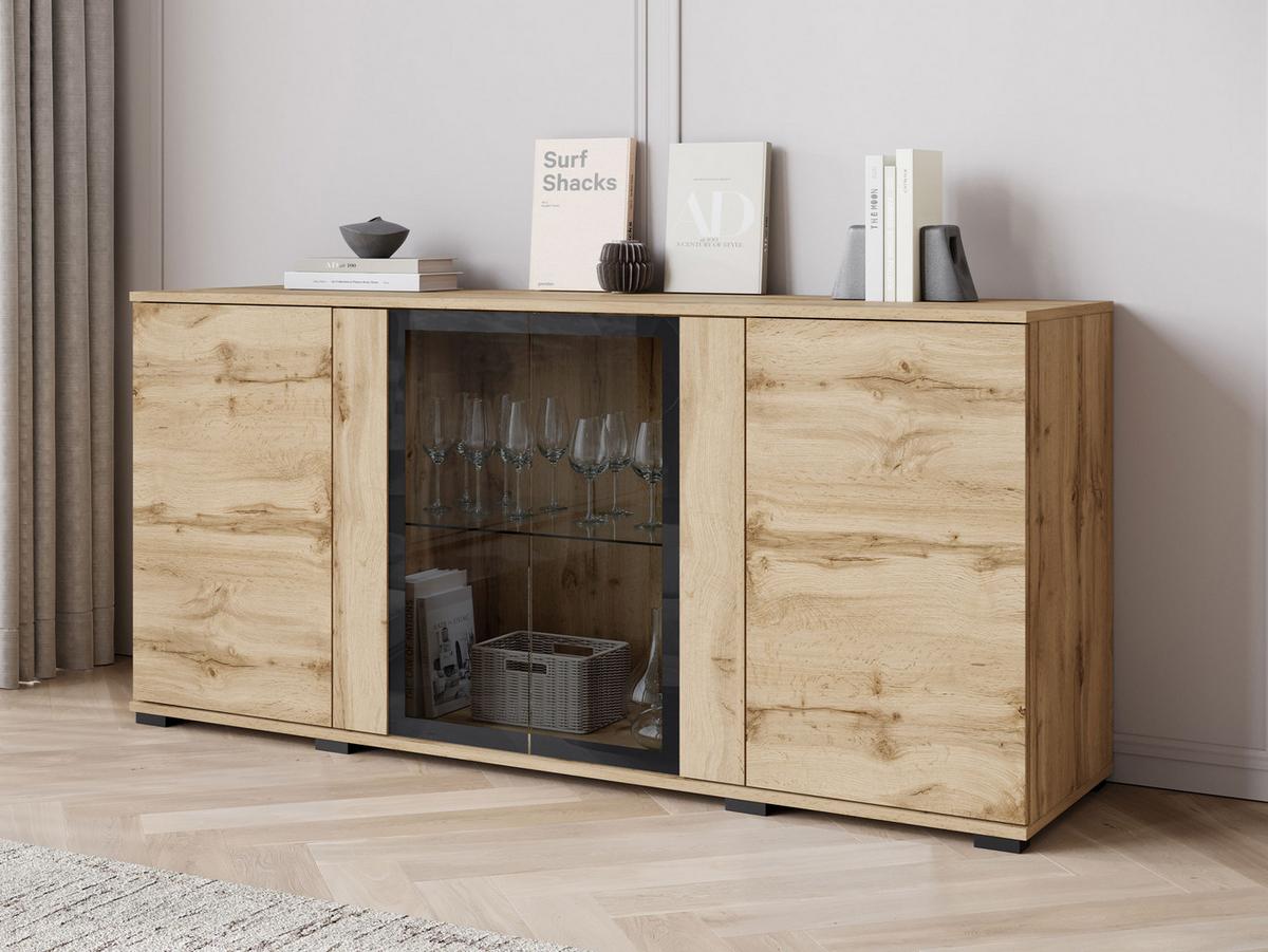 KOMMODE Caro SB 154 4D - Eiche Wotan/Schwarz, Holzwerkstoff/Kunststoff (150/70/40cm) - MIRJAN24
