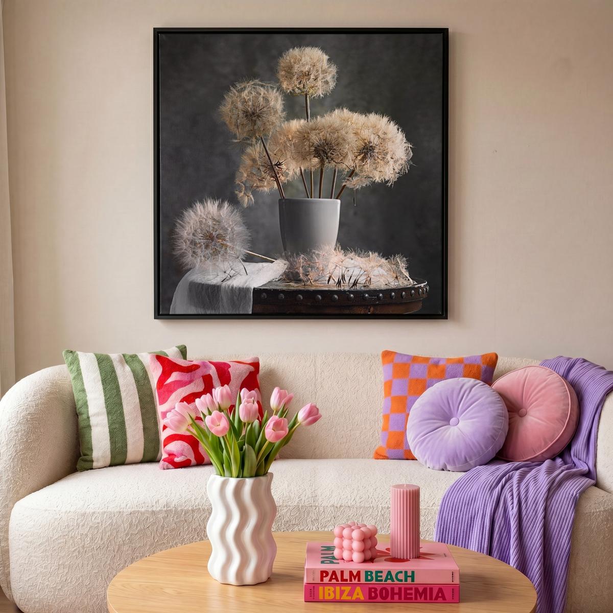 LEINWAND Bilder mit Rahmen - Blumensamen - Löwenzahn - Vase - Stilleben - Blumenstrauß - 90x90 - Dunkelgrau, Textil (90/90cm) - MuchoWow