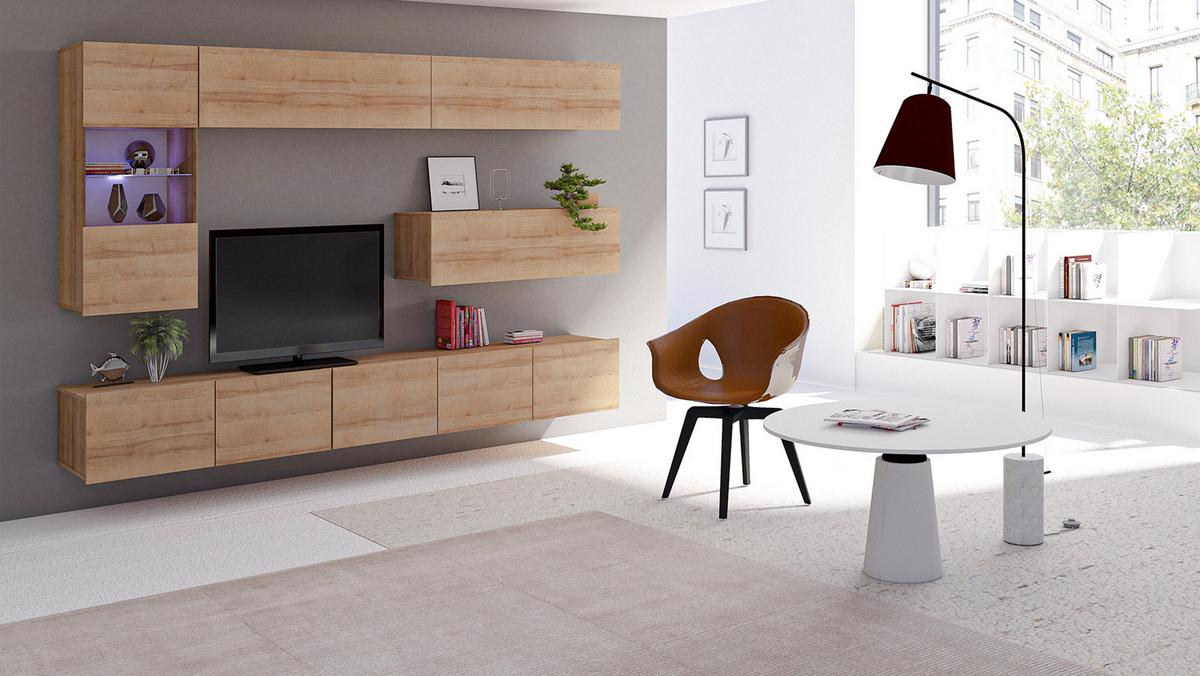 WOHNWAND Kossana 4 Modern Goldene Eiche 255/142/43 cm Stauraumwunder - Hellbraun, Holzwerkstoff/Kunststoff (255/142/43cm) - AX Living