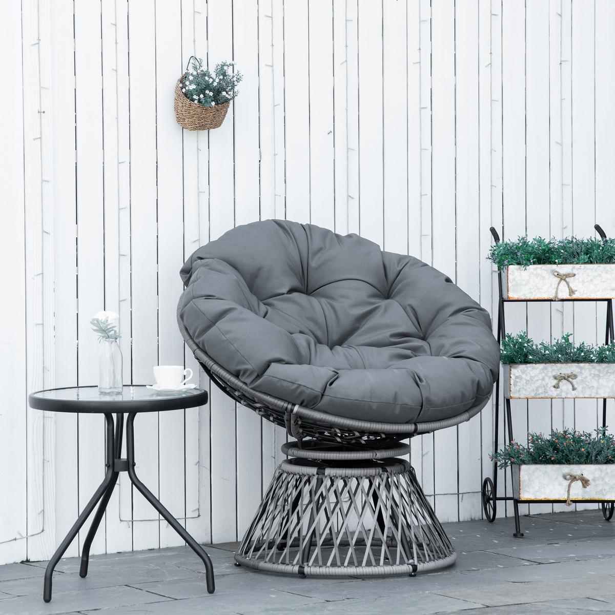 PAPASANSESSEL, Korbsessel, Sessel mit Polster, 360 Grad, Rattan, Grau - Grau, Kunststoff (97/86/87cm) - Outsunny