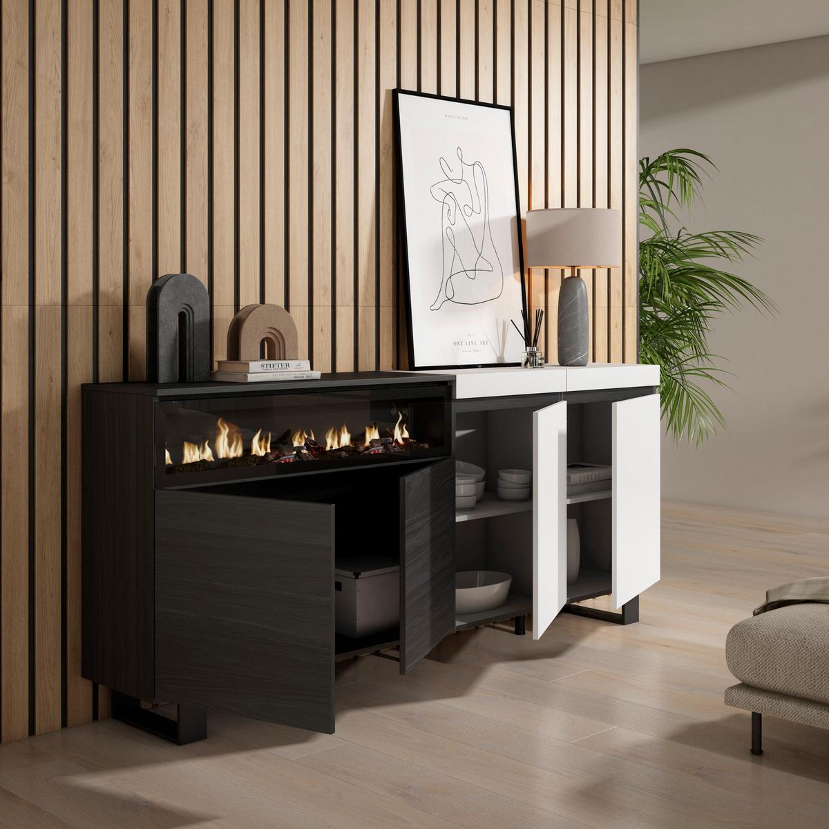 SIDEBOARD Elektrokamin, weiß und schwarz, 200/35/87cm - Multicolor, Holzwerkstoff (200/87/35cm) - Skraut Home