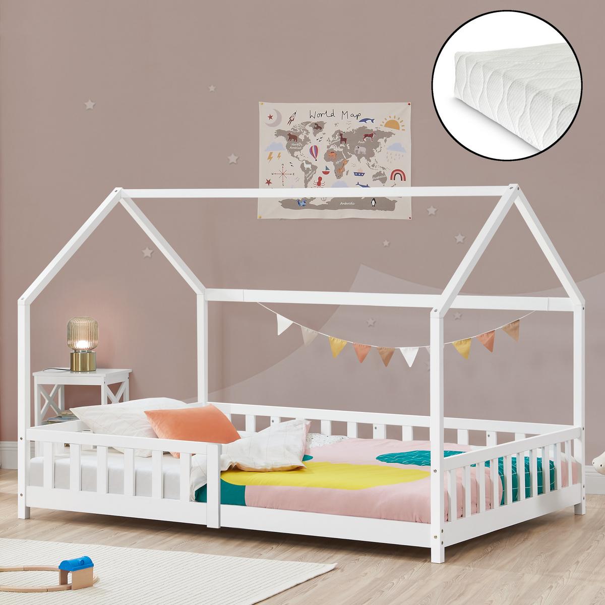 HAUSBETT Hesel mit Matratze - Weiß, Holz/Textil (90/200cm) - [en.casa]