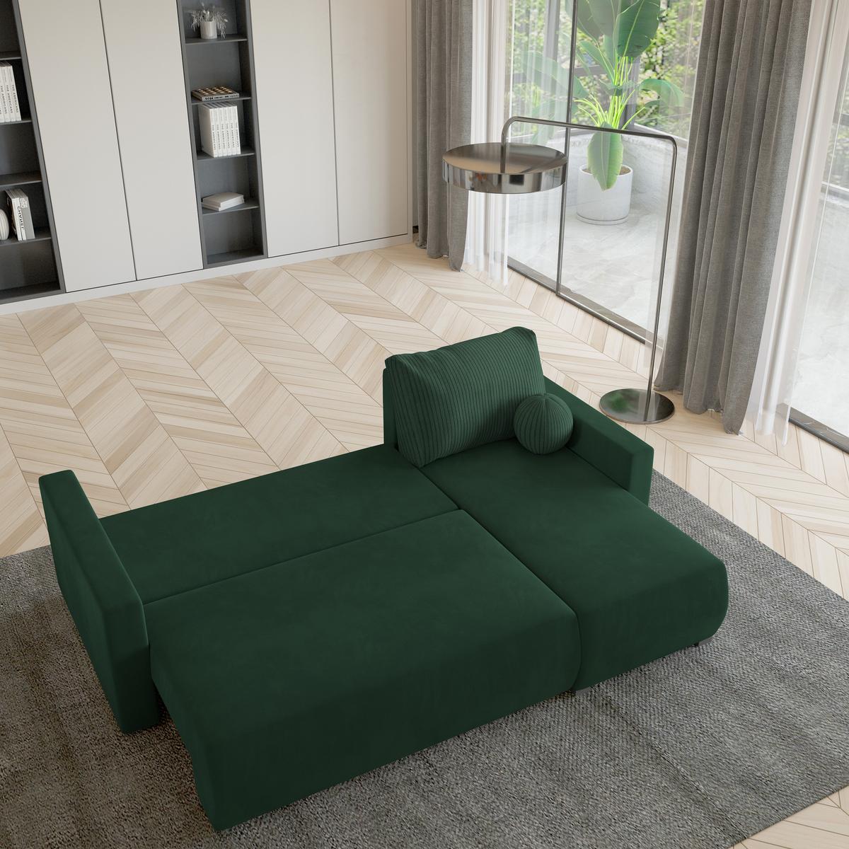 ECKSOFA SORGE Grün Plüsch-Stoff mit Schlaffunktion - Grün, Holz (220/143cm) - MASSENO