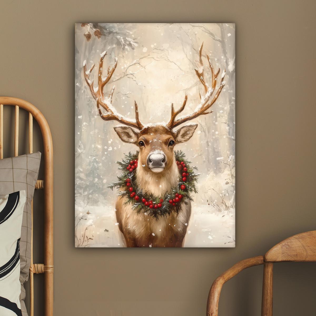 LEINWANDBILD Weihnachten - Rentier - Winter - Kranz Wandbild Wohnzimmer 60x80 cm - Naturfarben, Textil (60/80cm) - MuchoWow