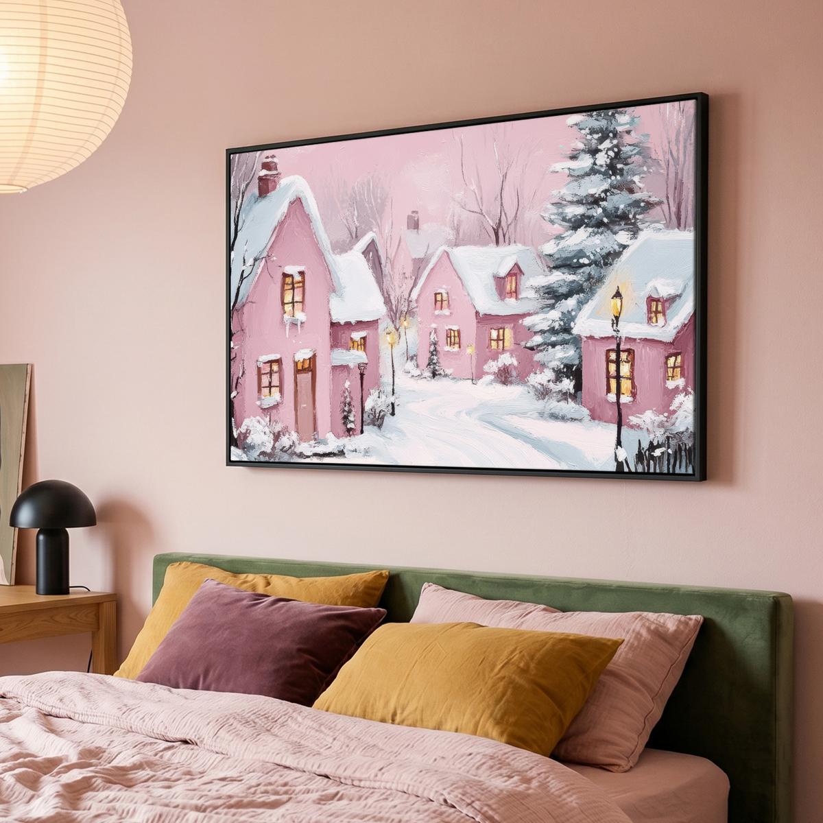 LEINWAND Bilder mit Rahmen - Weihnachtsdorf - Rosa - Winter - Schnee - Häuser - 150x100 - Altrosa, Textil (150/100cm) - MuchoWow