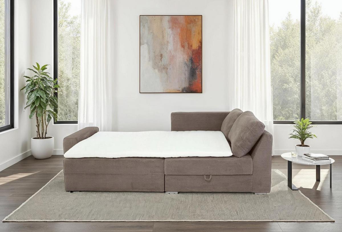 ECKSOFA-DAUERSCHLÄFER Boxspring Federkern Topper Bettkasten, seitenverkehrt montierbar B260/T181/H88 cm, Cord Braun Taupe / 15234 - Chromfarben/Braun, Textil/Metall (260/181cm) - luma-home