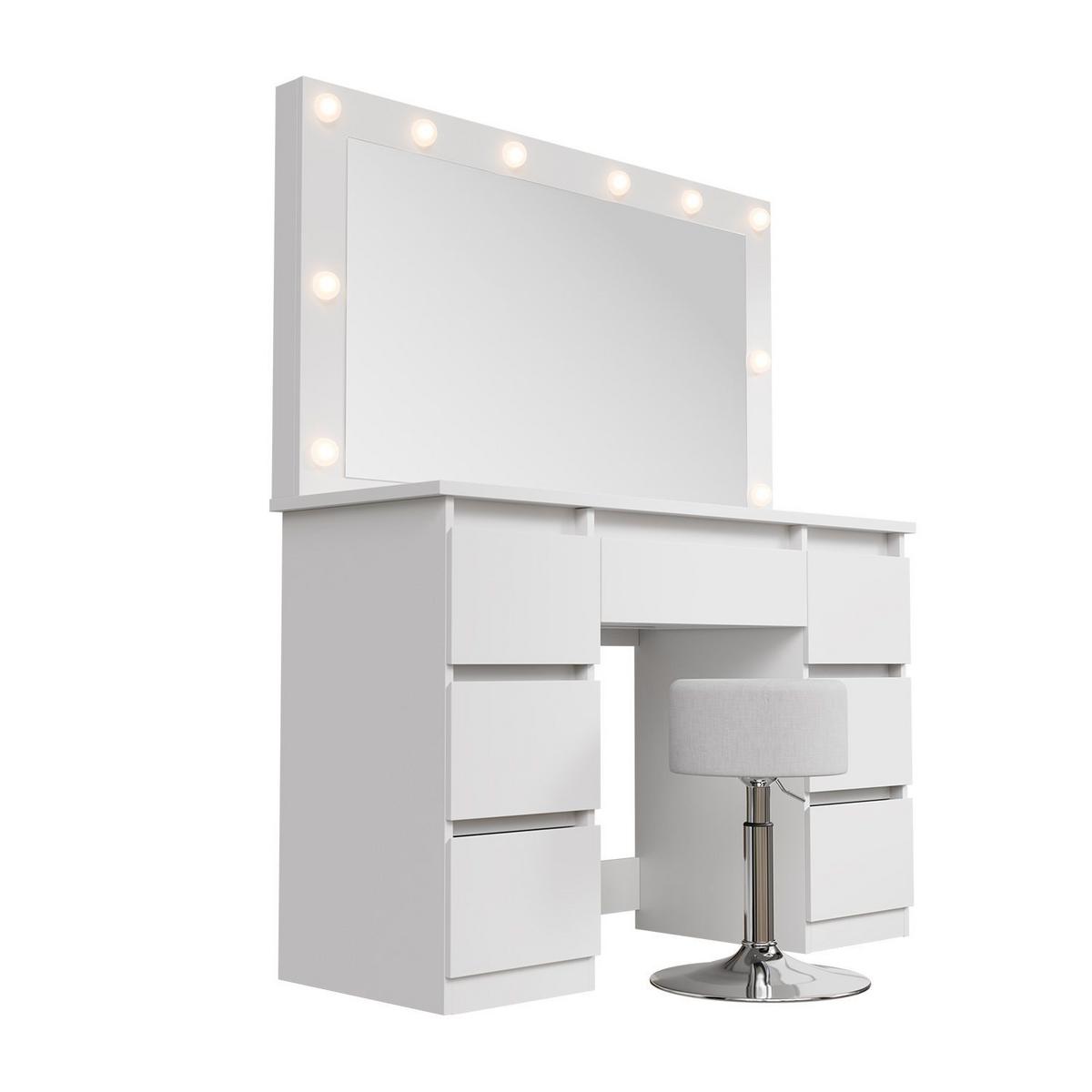 SCHMINKTISCH Lilia weiß mit LED-Beleuchtung und Hocker Tonia - Weiß, Holz (108/140/41cm) - Juskys