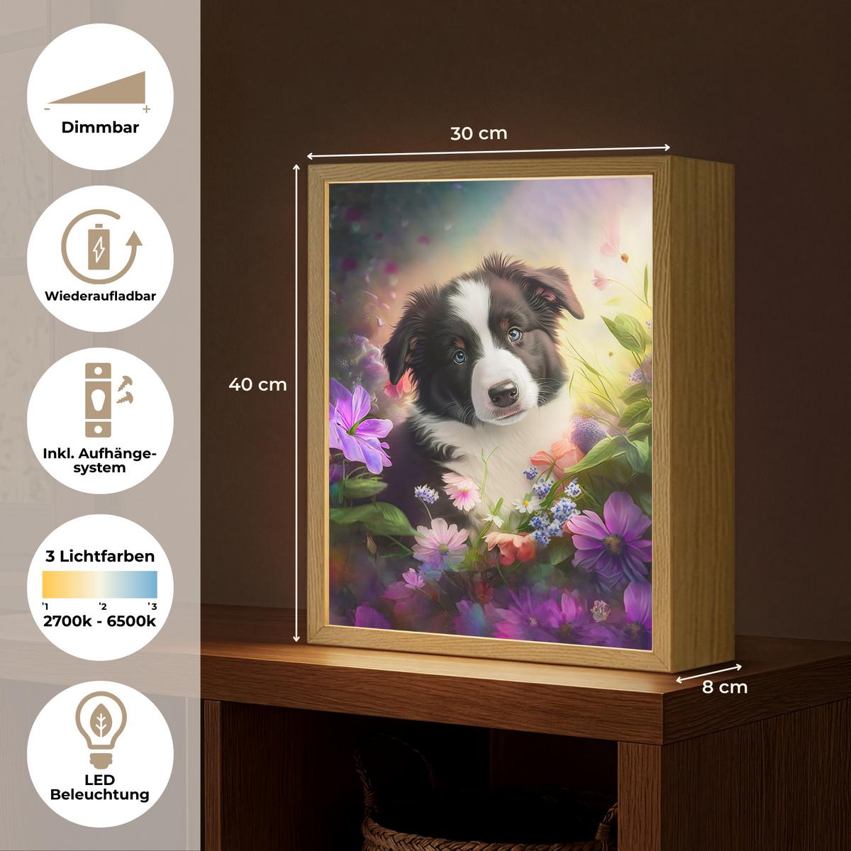 NACHTTISCHLAMPE MIT AKKU Welpe - Sonne - Blumen - Natur - Border Collie - Hund 30x40 cm - Violett, Holzwerkstoff (8/30/40cm) - OnlyWow