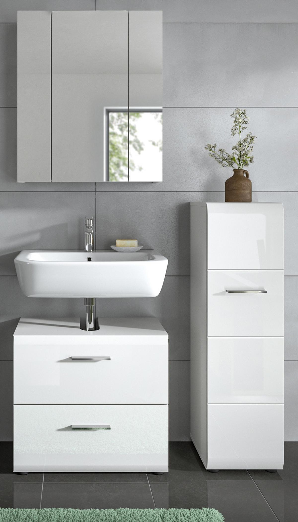 BADMÖBEL SET 3-teilig in weiß Hochglanz Badkombination 105 x 185 cm Cover - Weiß Hochglanz/Silberfarben, Holzwerkstoff/Kunststoff (105/185/30cm) - Inn.Furn
