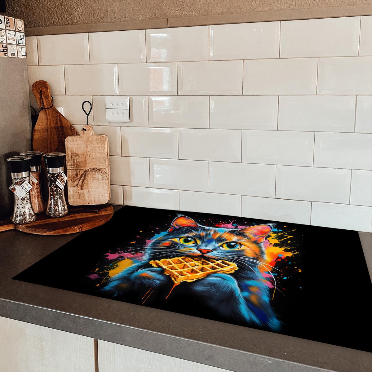 HERDABDECKPLATTE Katze - Graffiti - Bunt - Waffel - Essen Induktionsmatte 81x52 cm - Multicolor, Kunststoff (81/52/0.2cm) - MuchoWow