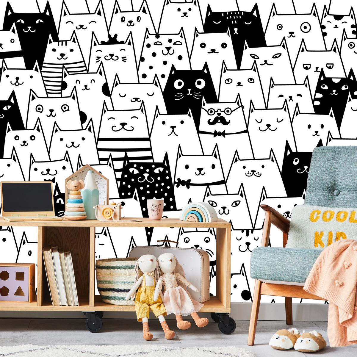 FOTOTAPETE für Kinderzimmer Schwarze Weiße Comic Katzen 100x70 - Schwarz/Weiß, Papier (100/70cm) - Muralo