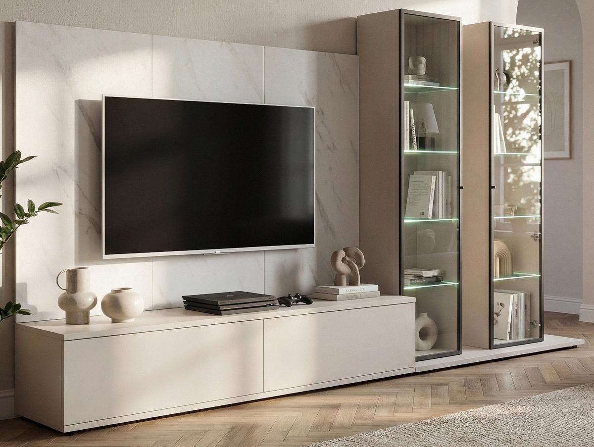 WOHNWAND kaschmir, Marmor weiß 300 cm, Anbauwand mit Wandpaneel, Beleuchtung, Push-to-Open - Kaschmir/Schwarz, Glas/Holzwerkstoff (300/175/45cm) - Inn.Furn