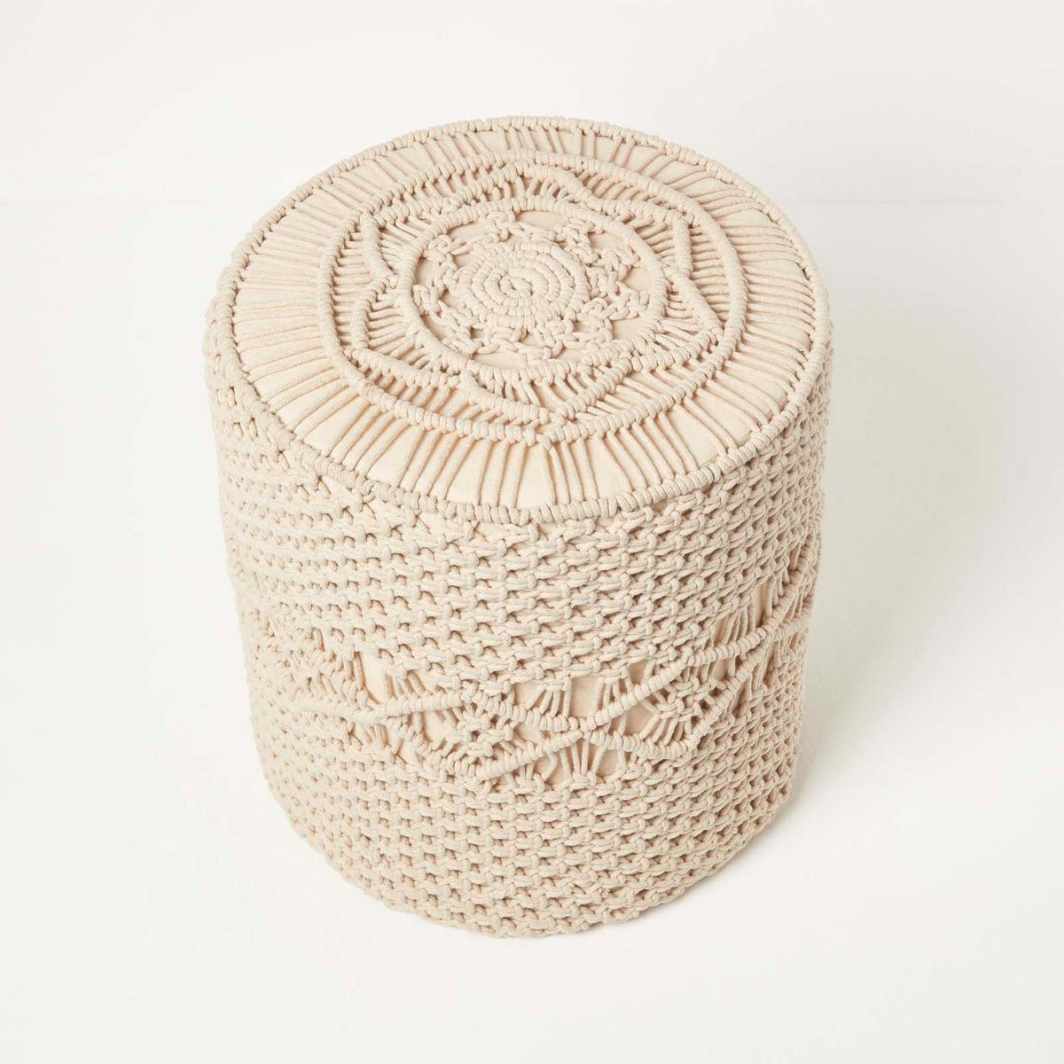 SITZPOUF Astrid rund, natur im Makramee-Stil, 40/40/42 cm - Naturfarben, Textil (40/42/40cm) - Homescapes