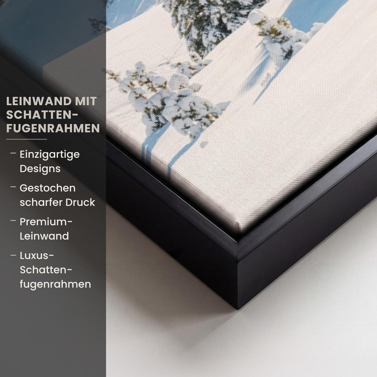 LEINWAND Bilder mit Rahmen - Winter - Hütte - Berge - Aussicht - Schnee - 60x40 - Eichefarben, Textil (60/40cm) - MuchoWow
