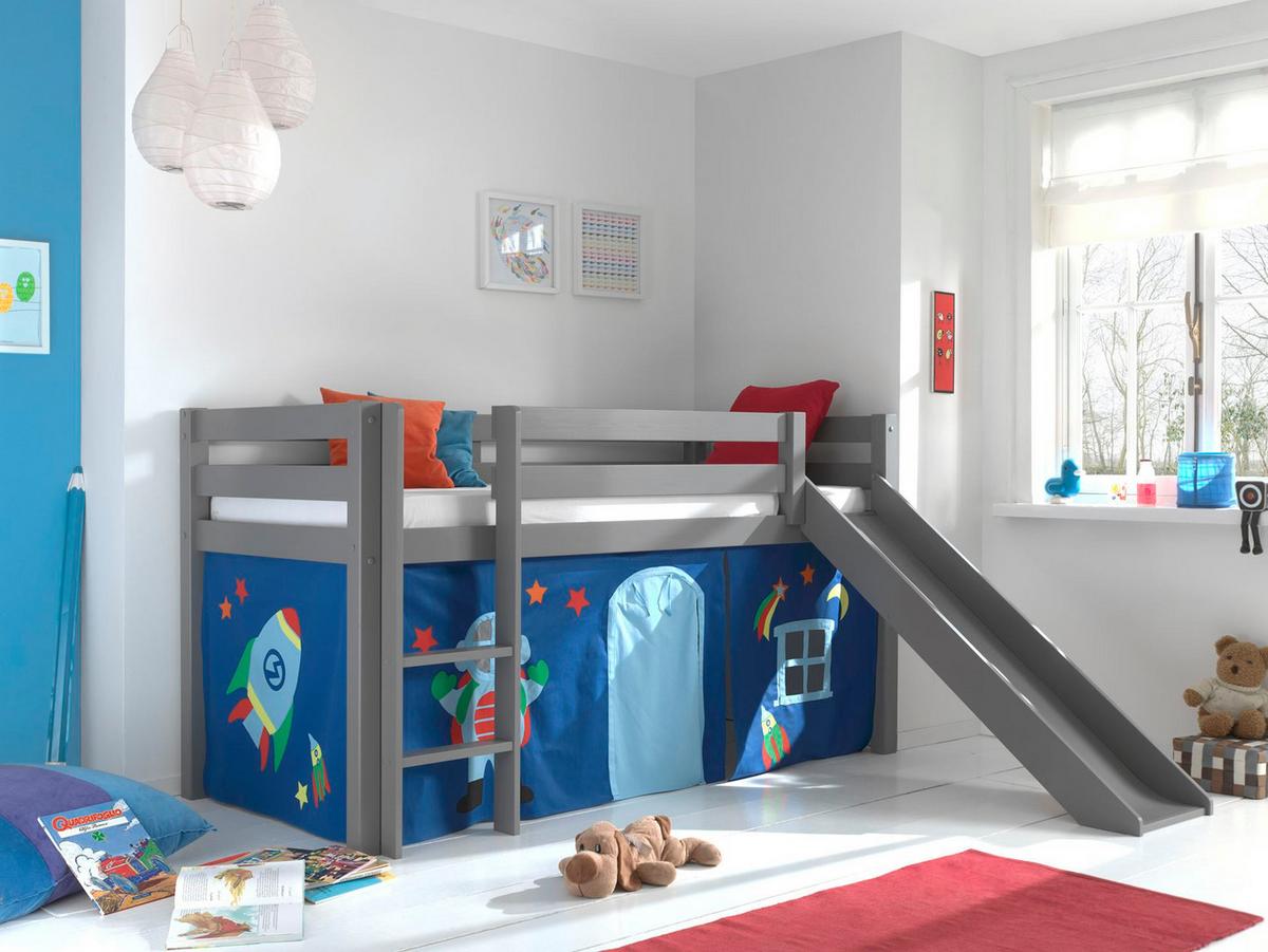 HOCHBETT mit Rutsche Karolina Massivholz Grau Textilset Astro 1 - Blau/Grau, Holz (90/200cm) - 58aufmkessel