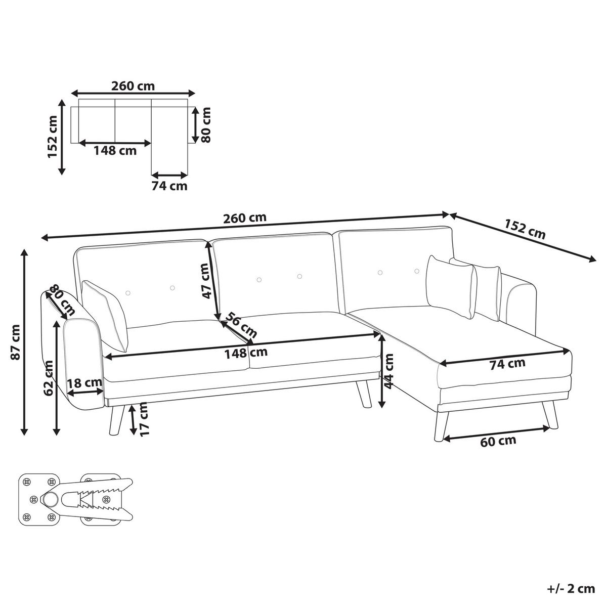 ECKSCHLAFSOFA 3-Sitzer Stoff Weiß linksseitig Kaarina - Hellbraun, Textil (260/152cm) - Beliani