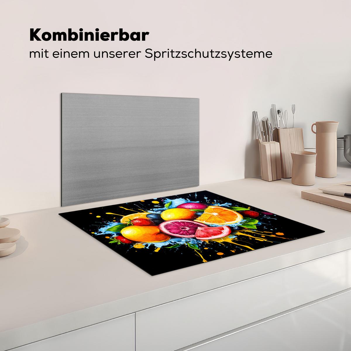 HERDABDECKPLATTE Obst - Graffiti - Bunt - Orange - Erdbeere - Abstrakt Herdabdeckung Induktionsfeld 65x52 cm - Orange, Kunststoff (65/52/0.2cm) - MuchoWow