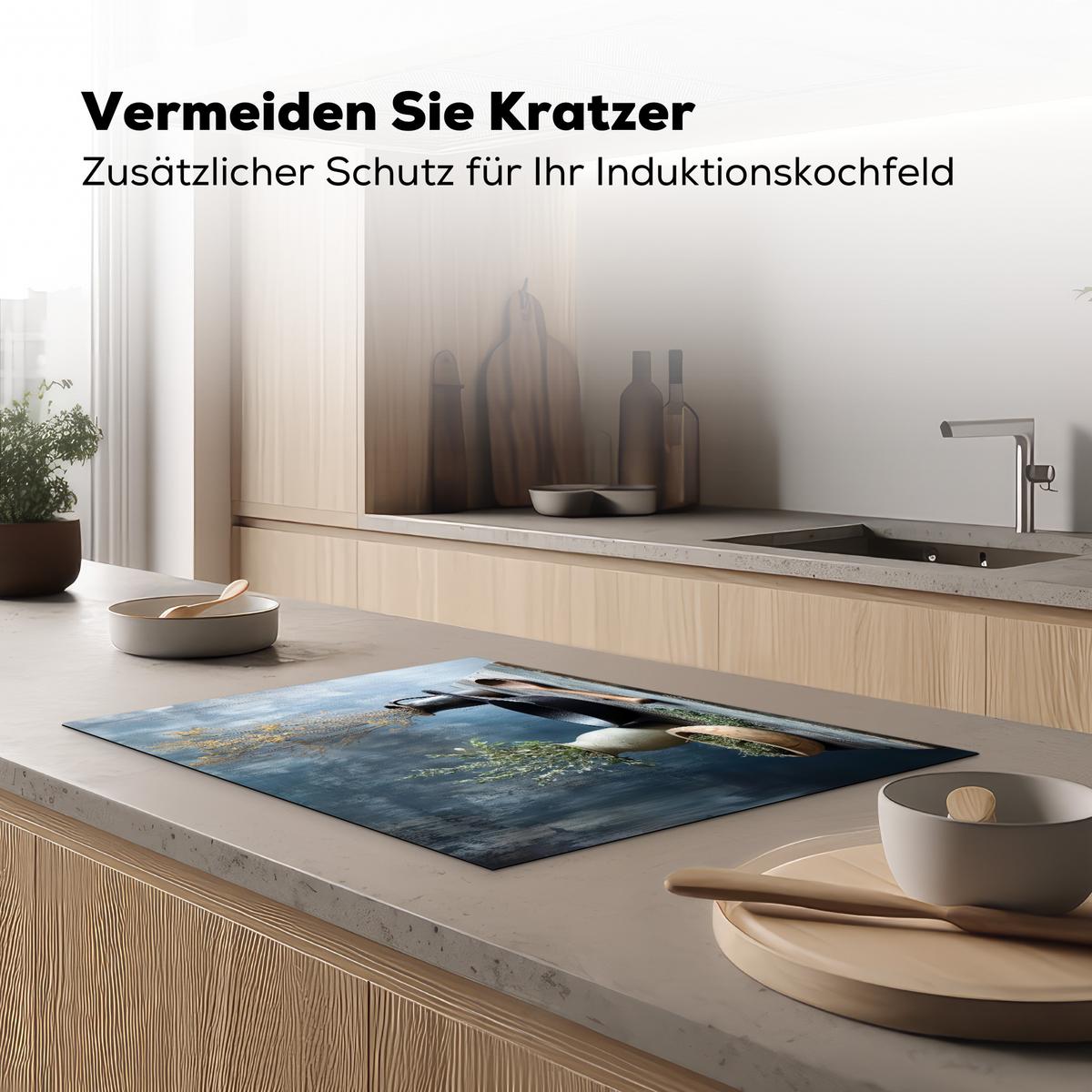 HERDABDECKPLATTE Stilleben - Kräuter - Rustikal Herdabdeckung Induktionsfeld 75x52 cm - Blaugrau, Kunststoff (75/52/0.2cm) - MuchoWow