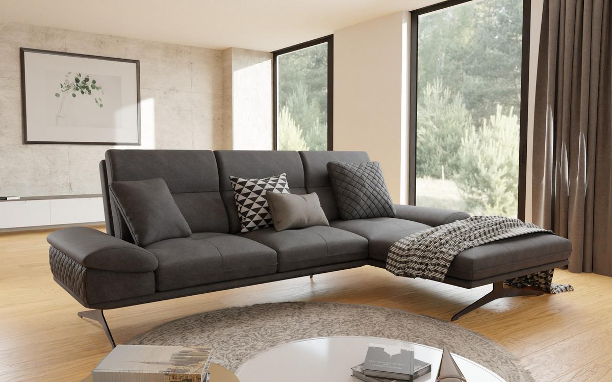 ECKSOFA Loris Schwarz Samt - Ottomane rechts - Schwarz, Holz/Textil (294/175cm) - S-Style