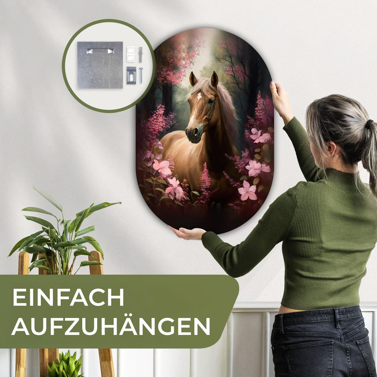 WANDBILD Pferd - Blumen - Rosa - Natur - Wald Wanddeko Schlafzimmer 60x90 cm - Altrosa, Kunststoff (60/90cm) - MuchoWow