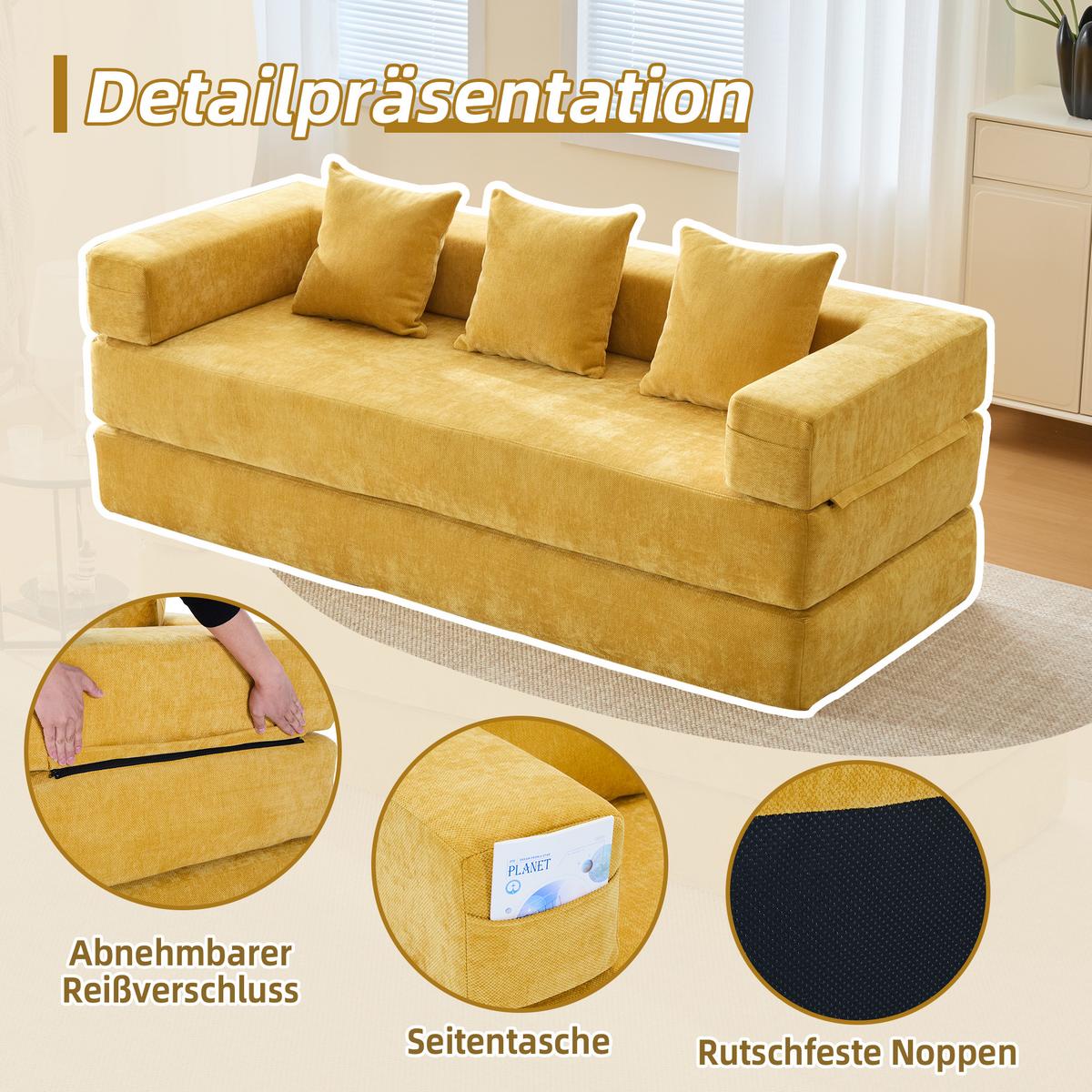 SCHLAFSOFA Modulares Chenille Block-Sofa DIY Kombinierbar mit Seitentaschen & Rutschfest - Dunkelgelb, Textil (198/60/79cm) - Urban Meuble