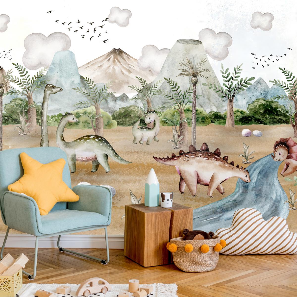 FOTOTAPETE für Kinderzimmer Dinosaurier Welt Vulkane Aquarell Tropische Bäume 300x210 - Blau/Beige, Papier (300/210cm) - Muralo