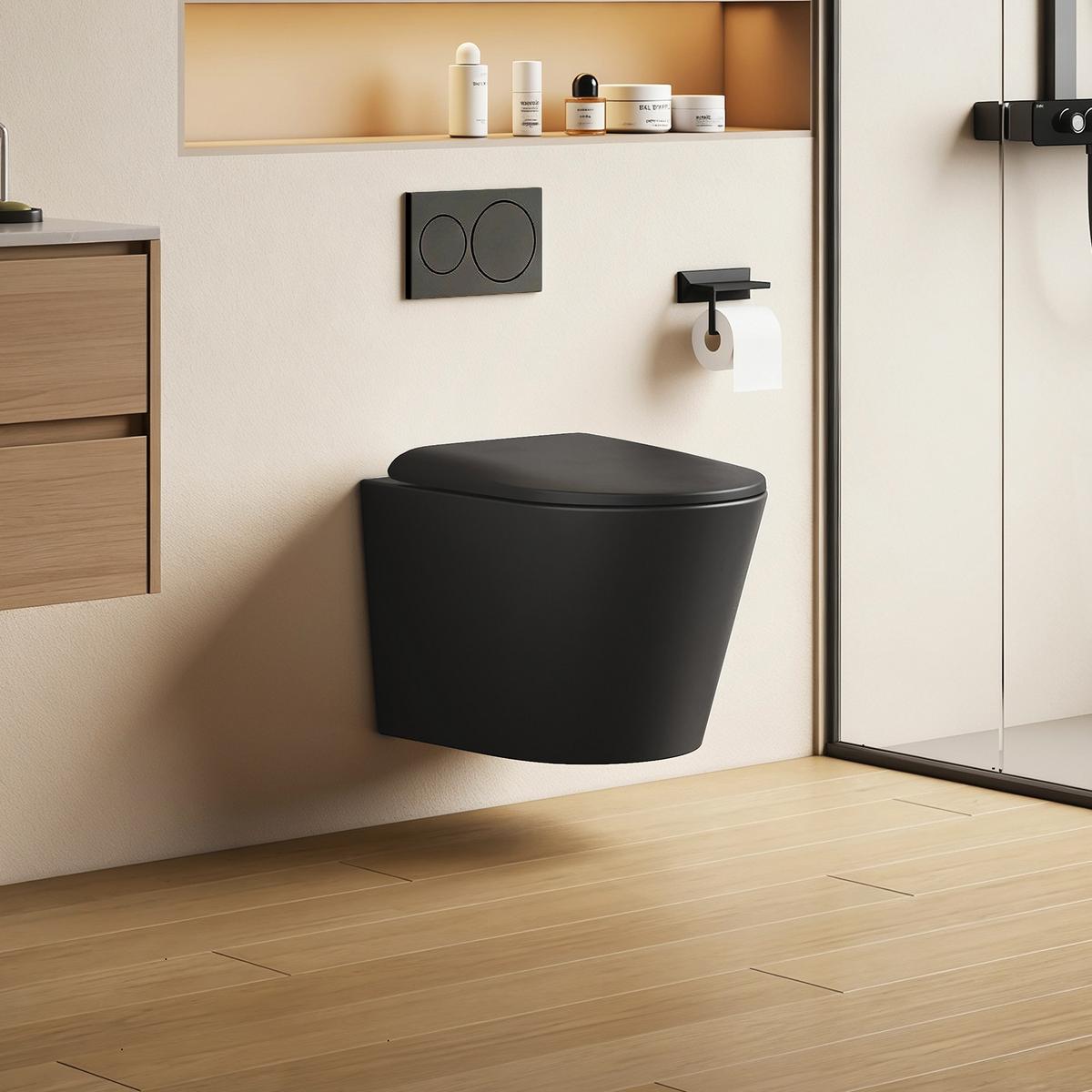 WAND-WC Set 49 x 36,5 cm inkl. WC-Sitz mit Absenkautomatik schwarz matt - Schwarz, Keramik (36.5/36/49cm) - EMKE