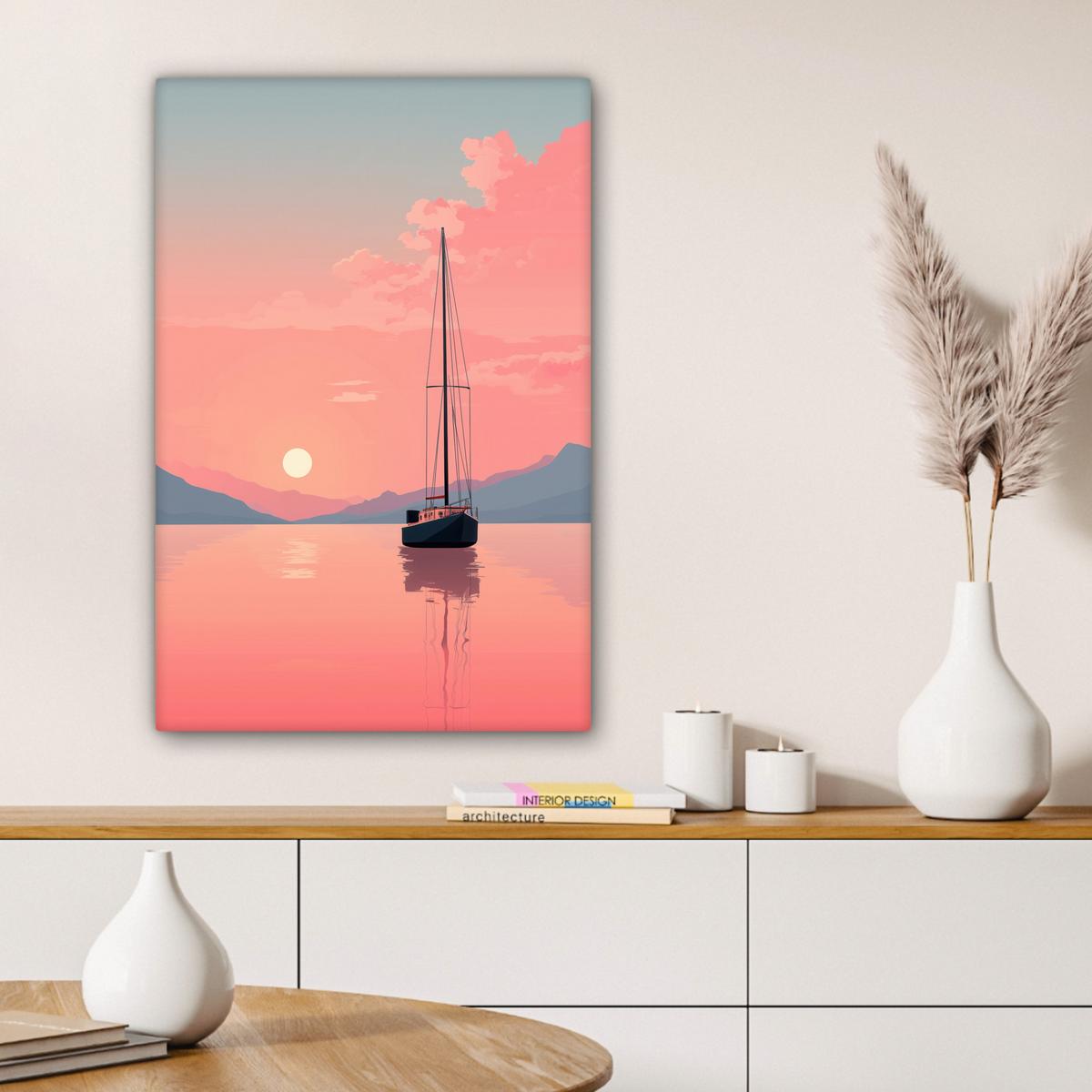 LEINWANDBILD Segelboot - Rosa Meer - Sonnenuntergang - Berge Wanddeko 40x60 cm - Rosa, Textil (40/60cm) - MuchoWow