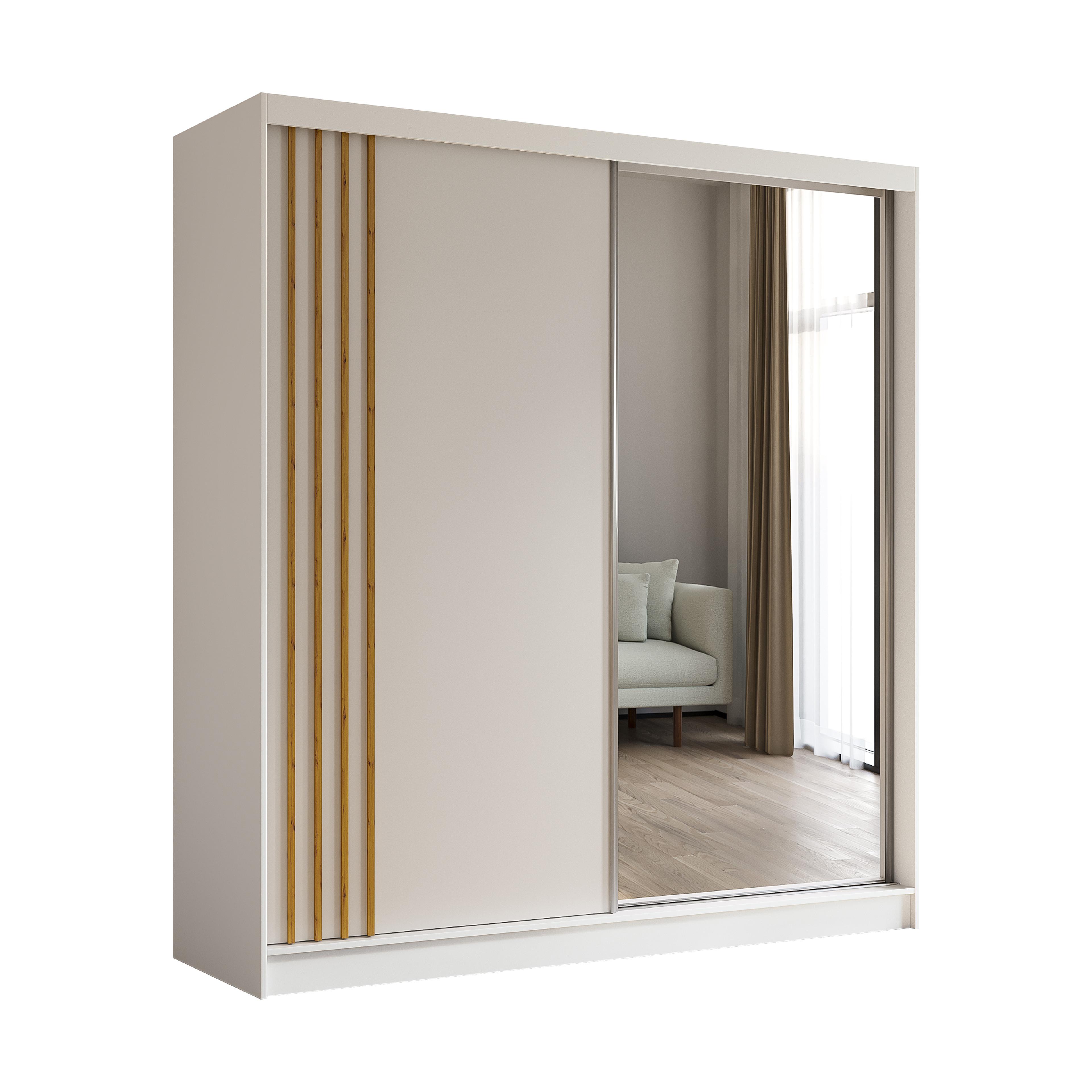 KLEIDERSCHRANK mit Spiegel-Schiebetüren und Aluminium-Leisten, LED-Beleuchtung - NALLA - 200 cm Weiß+Weiß+Artisan - Weiß/Eiche Artisan, Holzwerkstoff (200/216/61cm) - ALTDECOR