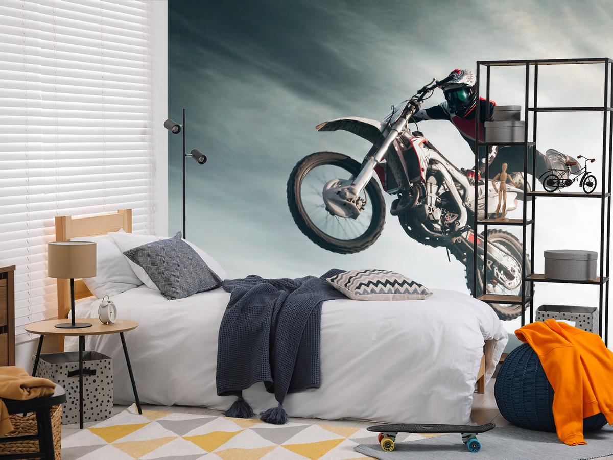 FOTOTAPETE für Jugendzimmer Motocross Sprung Mann Sport Berge Action 500x350 - Grau, Papier (500/350cm) - Muralo