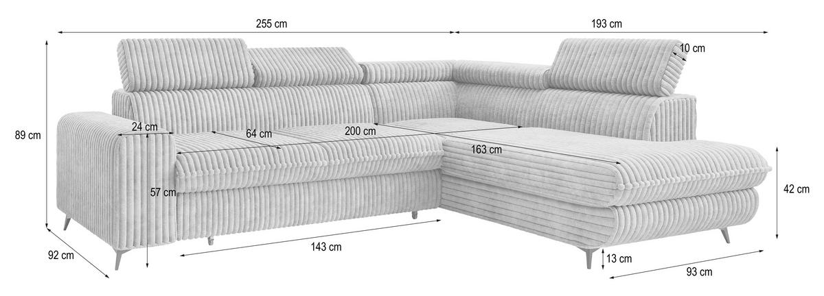 ECKSOFA VELISS Hellgrau Kordstoff mit Schlaffunktion - Hellgrau, Holz (255/193cm) - MASSENO